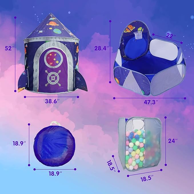 3pc Space Ship Kids Play Tent, Crawl Tunnel, Ball Pit for Toddlers, Indoor Outdoor Playhouse Castle Toys, Baby Boys Girls for 3 4 5 6 7 Years Old (Balls Not Included)