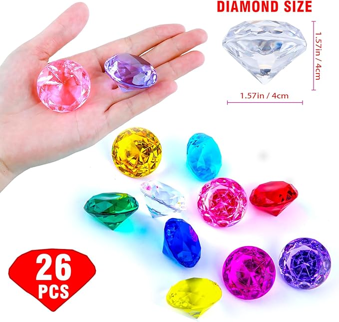 Niceup 26PCS Fake Diamonds Gem Toys, 1.5in Clear Pool Diving Gems Acrylic Plastic Gemstones for Kids, Party Décor Jewels Treasure Hunt Hiding Sensory Bin Filler Toys Craft Supplies