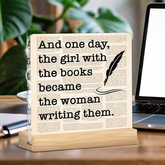 Writing Gifts for Women Girls, Funny Gifts for Writers Author Novelist Writing Lover, Retro Newspaper Acrylic Plaque Sign with Wooden Stand Home Office Decor