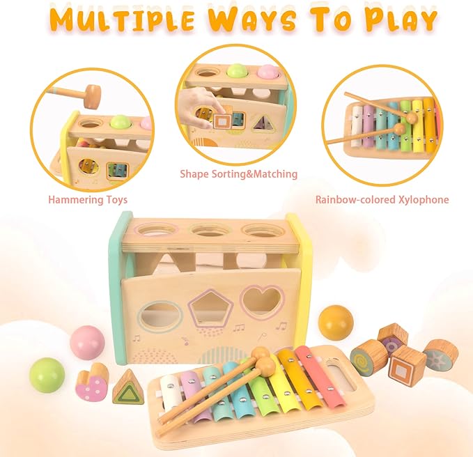 Hammering Pounding Toys Wooden Educational Toy Xylophone Shape Sorter, Birthday Gift for 3 Years Boys Girls Baby Toddler Kids Developmental Montessori Learning Toy (Yellow)