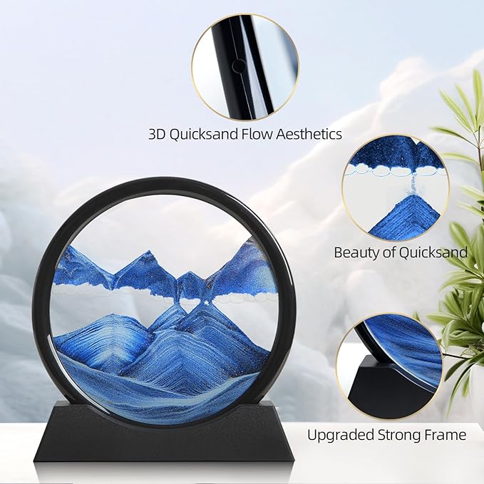 Moving Sand Art Liquid Motion, 3D Deep Sea Sandscape Color Quicksand Decor, Round Glass Moving Sand Art Picture Relaxing Desktop Home Office Work Decor (Blue, 7 inch)