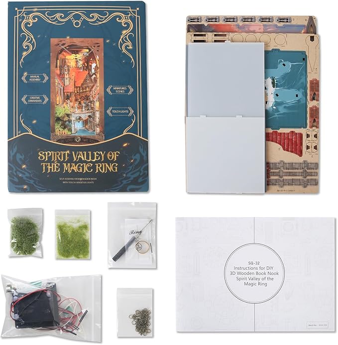 DIY Book Nook Kit,New DIY Dollhouse Booknook Bookshelf Insert Decor,3D Wooden Puzzles with LED,Book Nook Miniature Kit,Birthday Easter Home Decor for Teens Adult (Spirit Valley of The Magic Ring)