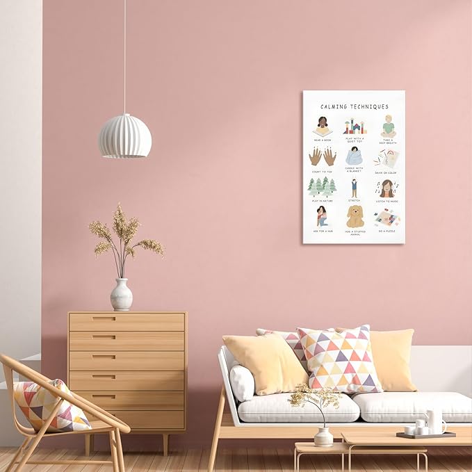 Feelings Calming Techniques Canvas Wall Art Calming Corner Classroom Mental health Posters Boho Emotions Chart for Kids Prints Special Education Wall Decor for Office School 20x30in Framed