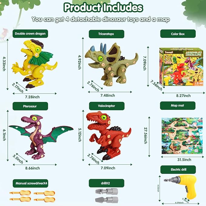 Take Aprts Dinosaur Toys for Kids Age 3 4 5 6 7 Boys with Electric Dril & Play Mat STEM Toys DIY Learning Educational Toy Ideal Birthday Christmas Easter for Boys
