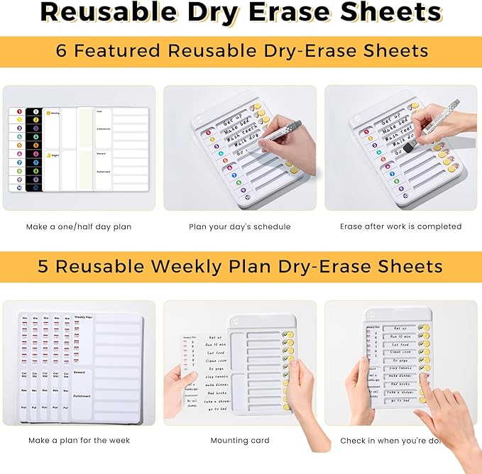 Magnetic Chore Chart for Kids, ADHD Tools for Kids to Do List Checklist Task Board Routine Chart Planning Board for Fridge with 10 Sliders and Magnetic Marker - White