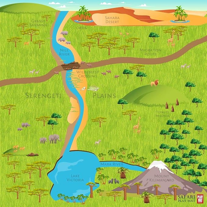Safari Play Mat for Toy Animals | Foldable Solution |Large Size 57” x 57” | All Safari Animals | African Jungle Serengeti | Child Activity Mat | by Play Mat Factory