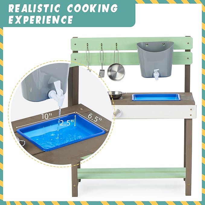 Kid's Wooden Play Kitchen, Outdoor Mud Kitchen with Water Play Set and Cooking Toys, Backyard Play for 3+ Years Kid