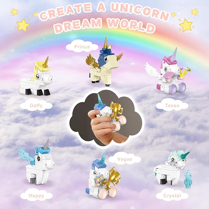 Unicorn Toys Building Set, 6 Pack Unicorn Party Favors Gift Compatible with Lego, Goodie Bags Stuffers Halloween Christmas Birthday Gift Building Blocks
