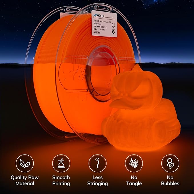 AMOLEN 3D PLA Printer Filament, 1.75mm Glow in The Dark Orange PLA Filament for 3D Printing, Best with UV Lamps, 1kg Spool (2.2lbs), Dimensional Accuracy +/- 0.02 mm, Fit Most FDM 3D Printers