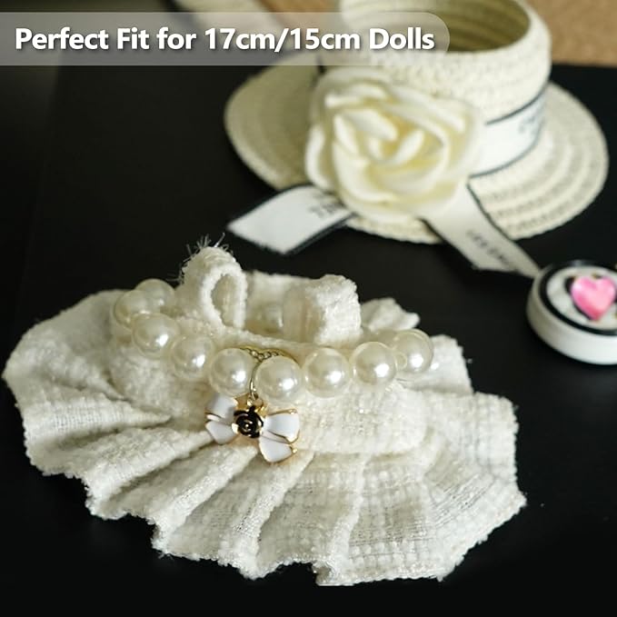 17cm Doll Clothes Set with Fashion Accessories - Premium Luxury Baby Doll Outfits & Designer Clothes Bundle, Unique Fashion Style Dresses with Hat & Pearl Necklace & Bag Accessories (White)