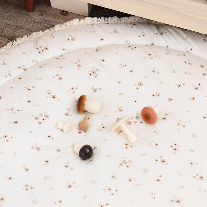 MakeMake Organics Organic Play Mat GOTS Certified Organic Cotton Nursery Floor Rug Washable Reversible Non Toxic Activity Mat Tummy Time Crawling Pad Thick Quilted (Round 48", Bloom + Solid Oat)