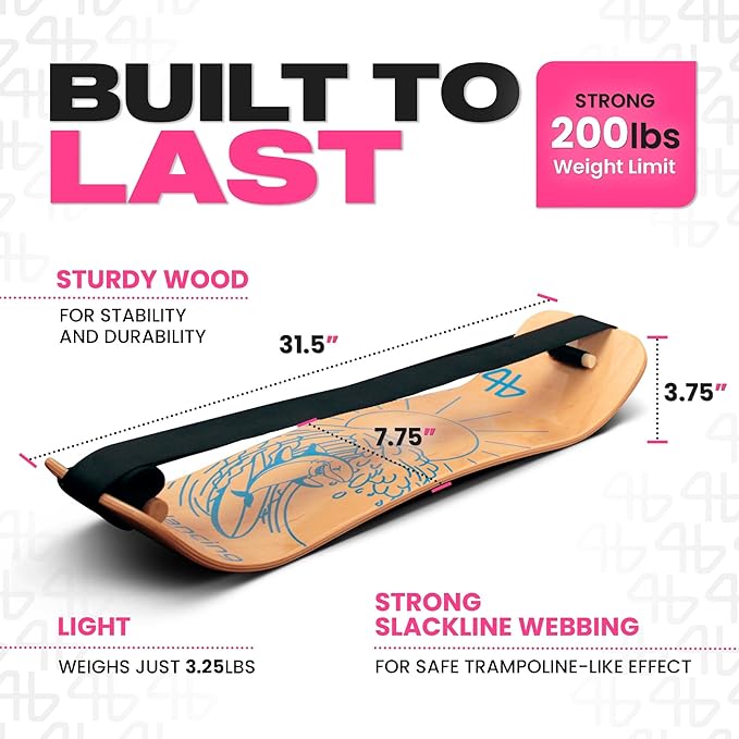 Balance Board for Kids - Slackline Wooden Wobble Board - Slackboard Balance Trainer for Coordination - Training for Skateboard, Snowboard, Football, Soccer, Baseball, Basketball