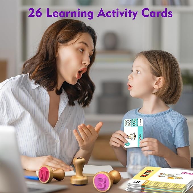 Montessori Wooden Letter & Number Stamps Set with 7-Color Ink Pads, ABC 123 Flashcards & Math Games - Preschool Learning Toys for 3-5 Year Olds, Safe Toddler Art Supplies, Alphabet Stamping Kit