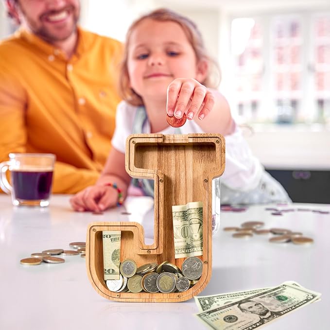 SummiDate Wooden Letter Piggy Bank| Piggy Bank for Boys Girls Toddler| Alphabet J Money Bank| Coin Bank Birthday Gift for Kids|Birthday Easter Gifts for Kids (J)