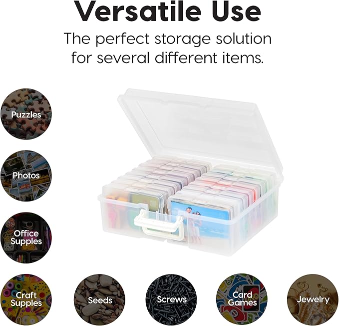 IRIS USA 4" x 6" Photo Storage Box Craft Keeper, Transparent Handle Container with 16 Organization Holder Cases for Pictures, Tasks, Scrapbooking, Stationery Storage, Clear