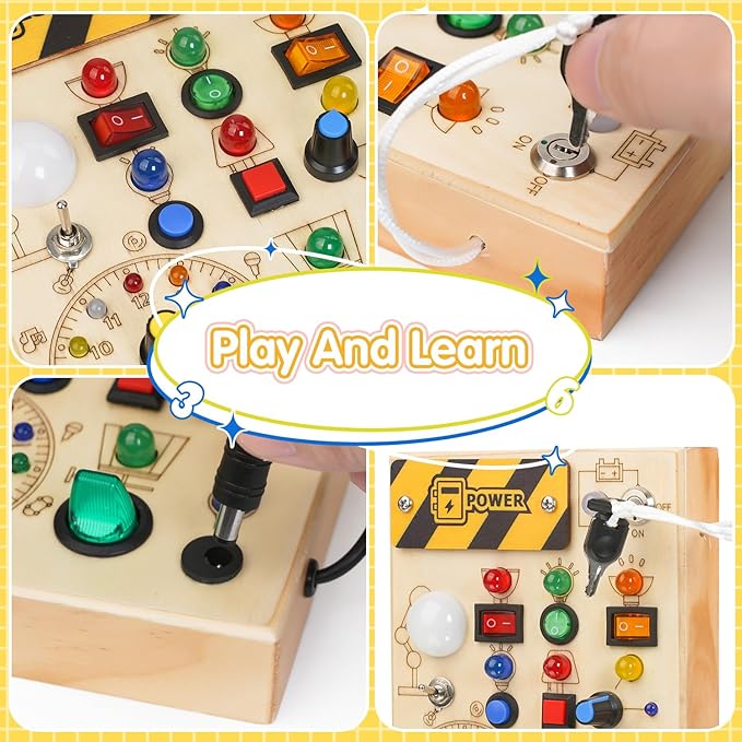 Montessori Busy Board Toys: Wooden Sensory Toy for Toddler with LED Light Up Switch, Educational/Christmas/Birthday Gifts for 1-3 Year Old Boys & Girls