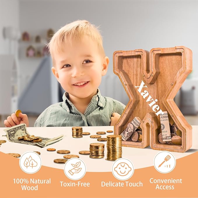 Wooden Letter Piggy Bank for Kids Larger Letter Piggy Bank for Boys and Girls Personalized Piggy Bank Initial Coin Bank Wood Kids Money Bank for Birthday and Festival