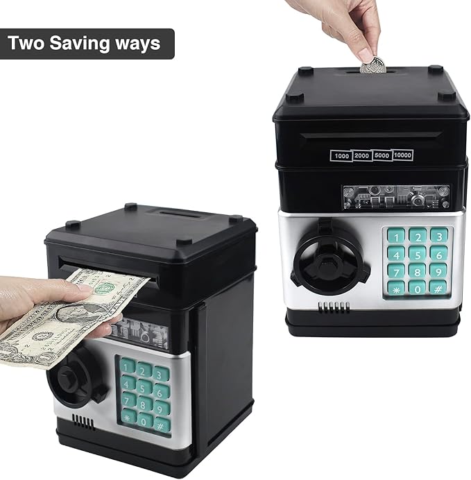 Piggy Bank Electronic Mini ATM for Kids Toy, Safe Money Saving Box Coin Banks Password Code Lock for 3-14 Years Old Kids, Boys Girls Ideal Gift (Black)