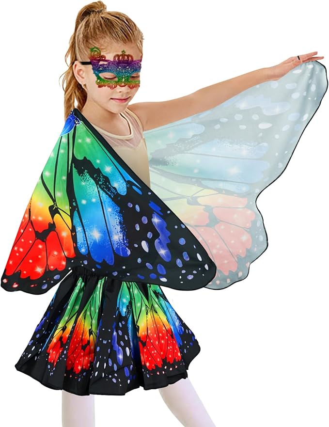 Butterfly Costume for Girls Fairy Wings Kids 4 Pcs(Cape,Skirts,Masks,Hair Clips) Butterfly Wings for Halloween Gifts