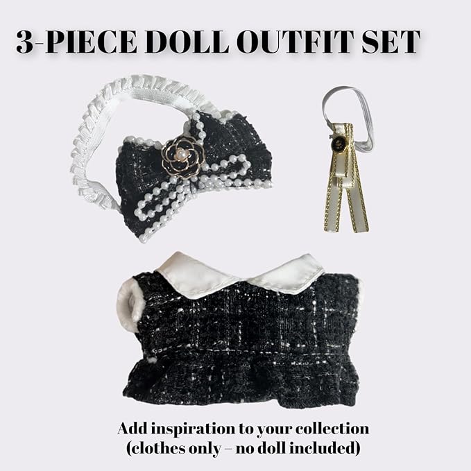 Clothes for 17cm Doll(Clothes Only)– 3-Piece Set Cute Elegant Outfit + Bow Headband + Collar Decoration for a Unique Dressed-Up Look– Fashion Handmade Accessories for Doll(Black)