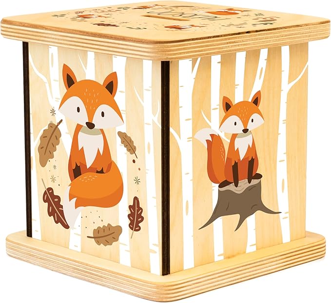 Wooden Piggy Bank for Kids and Adults, Personalized Gift Handmade in USA by BloomOwl, Custom Piggy Bank, Personalized Banks for Kids, Gifts for Baby Boys and Girls (Woodland Friends) (Woodland- Fox)