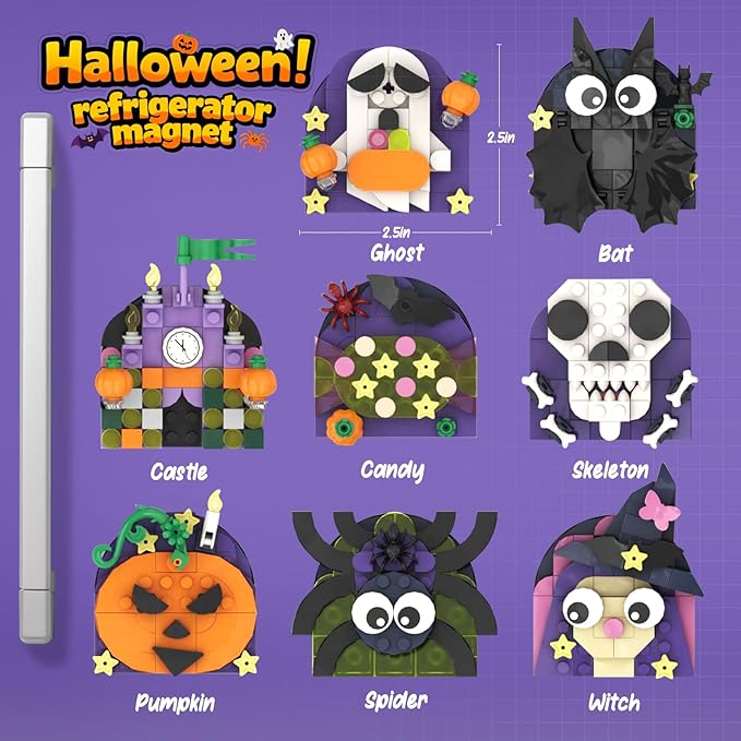 ZYLEGEN Halloween Fridge Magnets Ornaments Building Kit, Ghost, Candy, Bat, Castle, Pumpkin, Spider, Witch Decor Toys Gifts for Halloween Ages 6+ Boys Girls Adults Kids