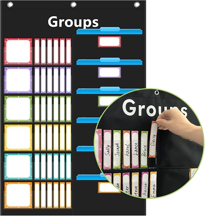 REGELETO Small Group Management Pocket Chart with 96 Cards Classroom Jobs Chart Small Group Organizer and on Task for School Teacher Elementary Preschool Learning Supplies (Black)
