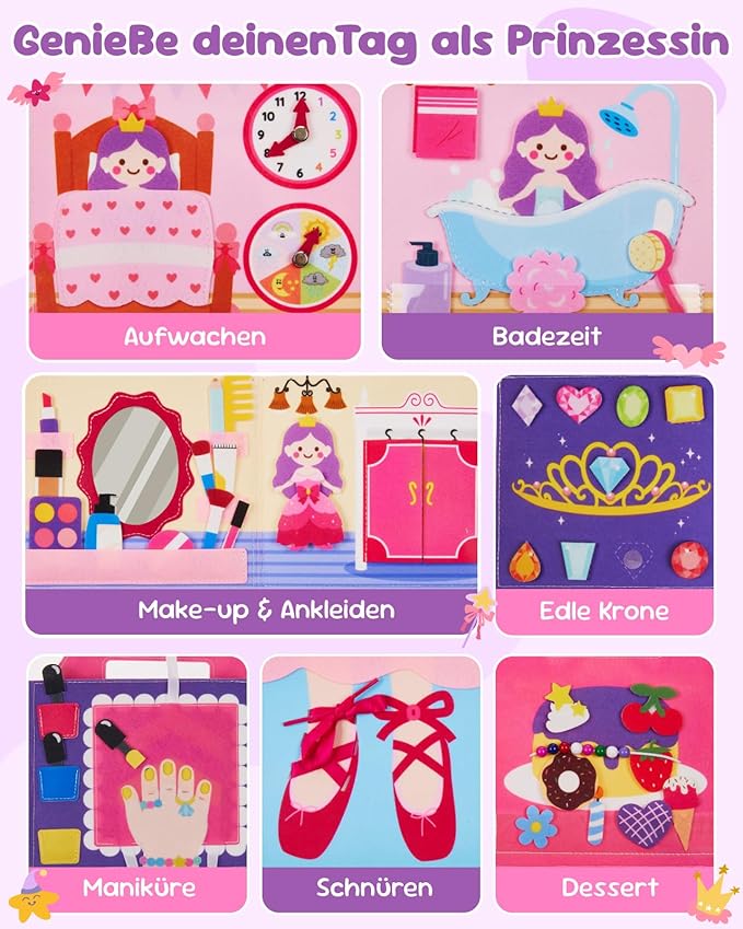 Princess Busy Board for Toddlers 2-4,Montessori Toys for 2 Year Old Girl,Educational Learning Sensory Activities Busy Book,Baby Travel Essentials for Airplane Car,Kid Birthday