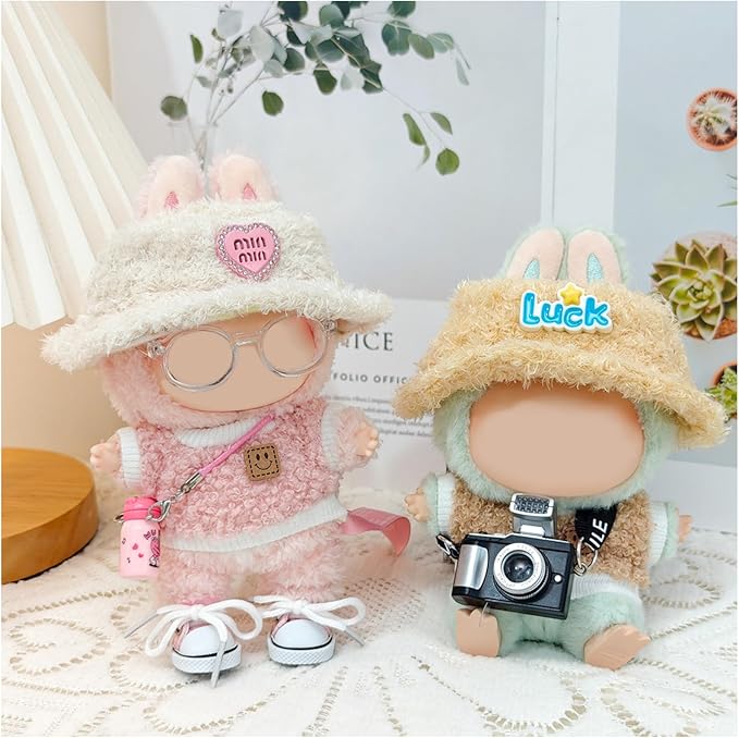 5 Set 17cm Doll Clothes, 17cm Doll Clothing Set, Light Pink Heart-Shaped Velvet hat + Small Camera + Glasses + Canvas Shoes(No Doll Included)