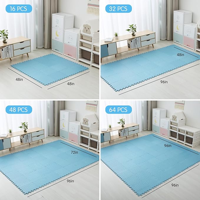 Coolcandy EVA Foam Play Mat, 16 Tiles Colorful Baby Play Mat, Square Kids Playmat with Solid Colored, 0.4" Thickened Interlocking Foam Floor Tiles, Puzzle Play Mat For Baby Lying, Playing (Light Blue)