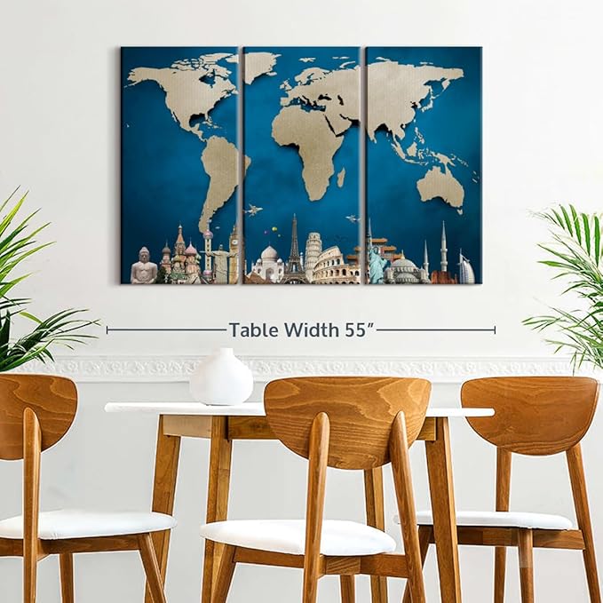 ElephantStock Ocean Blue World Map Multi Piece Canvas - 3 Panel Wall Decor - Map of the World Art - Canvas for the Office and Home - 50" X 32"