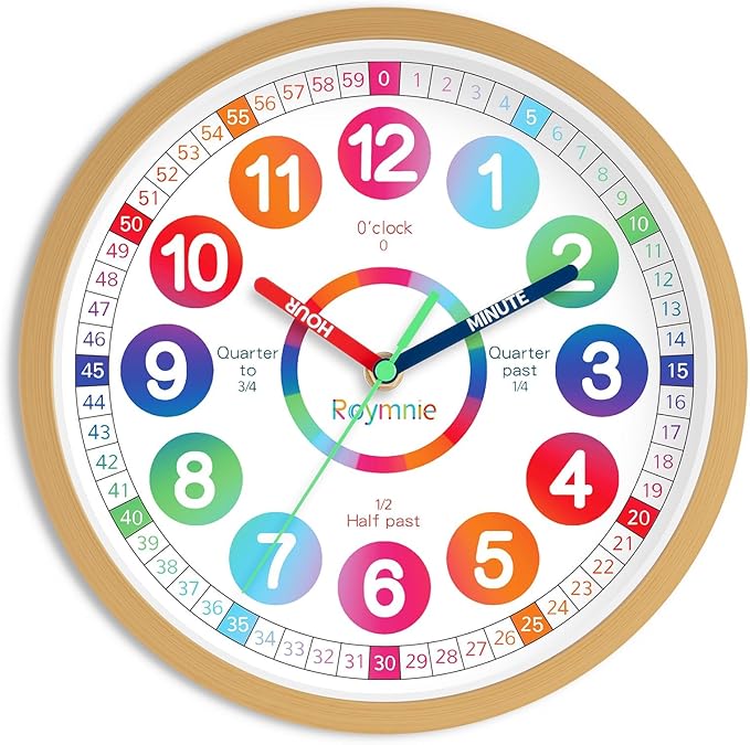 Wall Clock for Kids Learning - Teaching Time Wall Clocks Battery Operated Silent Non Ticking - Analog Colorful Clock Decorative for Kids Room Classroom School(8 Inch)