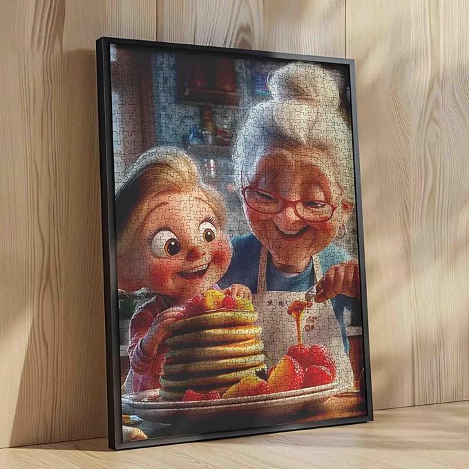 1000 Piece Jigsaw Puzzle for Adults Students Grandma and Granddaughter Making Pancakes in Kitchen Puzzles Happy Family Scene Vibrant Colors Art Home Decor Size 20X27 Inches Fun Gift Jigsaw Game
