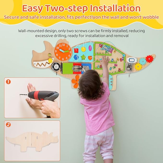 Dinosaur Activity Wall Busy Board Panels, 11-in-1 Montessori Sensory Wall Panel for Kids, Toddler Learning Activity Center, Perfect for Playroom Daycare Nursery Classroom