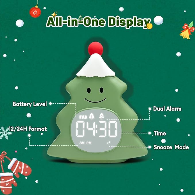 Christmas Tree Kids Alarm Clock, Digital Alarm Clock for Children with Snooze, 5 Ringtones, 8 Volume Levels, Gentle Night Light Timer, Easy-to-Read Display, Fun Holiday Wake Up Clock Gift