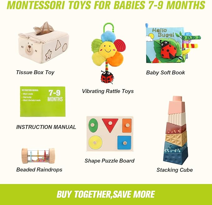vocheer Stacking Toys for Babies 6-12 Months, 6 in 1 Montessori Toys 7-9 Months Brain Development, Infant Tummy Time Sensory Toy, Early Education Babies Toy Kit Gift