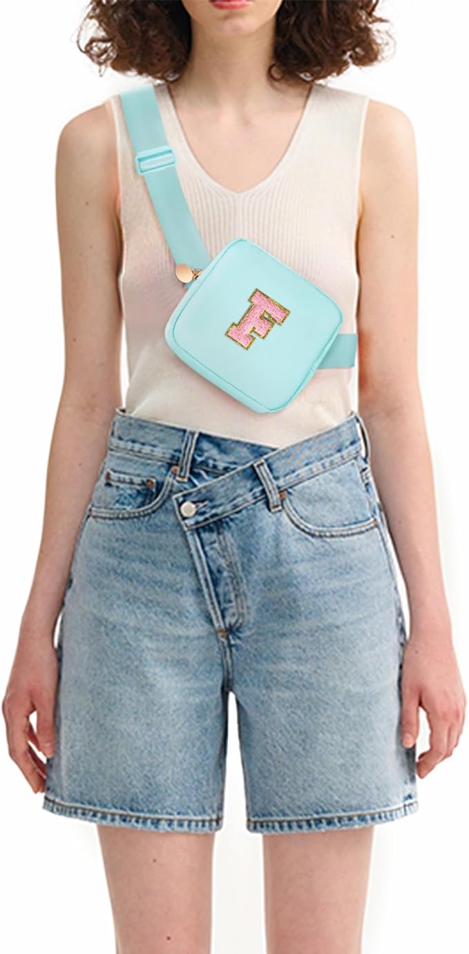 Mini Belt Bag Fanny Pack with Initials Letter Patch Small Crossbody Bags Cute Stuff Birthday Gifts for Teenager Girls Trendy Stuff for Teens - F,Blue