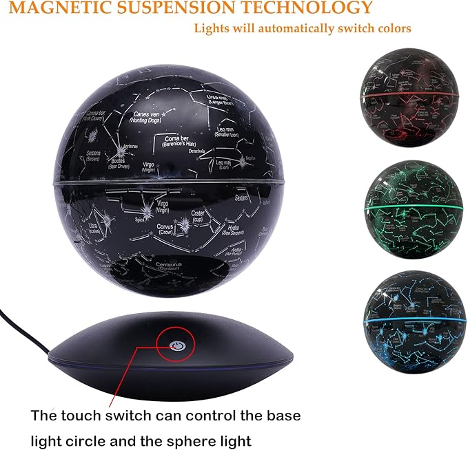 Floating Globe Magnetic Levitation with LED Color Changing Light and Touch Control, Magnetic Levitating Globe for Desk Office Home Decor Educational Gift for Men Father Boys Boss,Black
