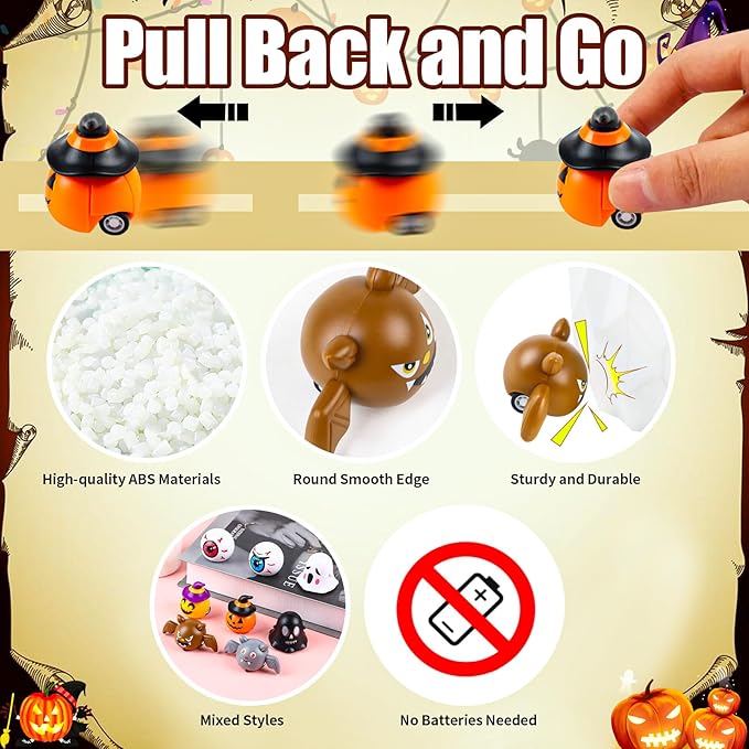 KIMOBER 24Pcs Halloween Pull Back Cars,Assorted Mini Friction Powered Vehicle for Kids Halloween Party Favors Trick or Treat Goodie Gifts Bag Fillers