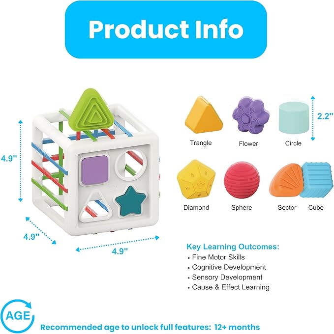 PlenPLAY Shape Sorter Toy for Toddlers Age 1+, Educational Sorting Toy with Bright Colors and Multiple Shapes, Durable and Safe Learning Toy for Early Childhood Development (Cube, ABS Plastic)