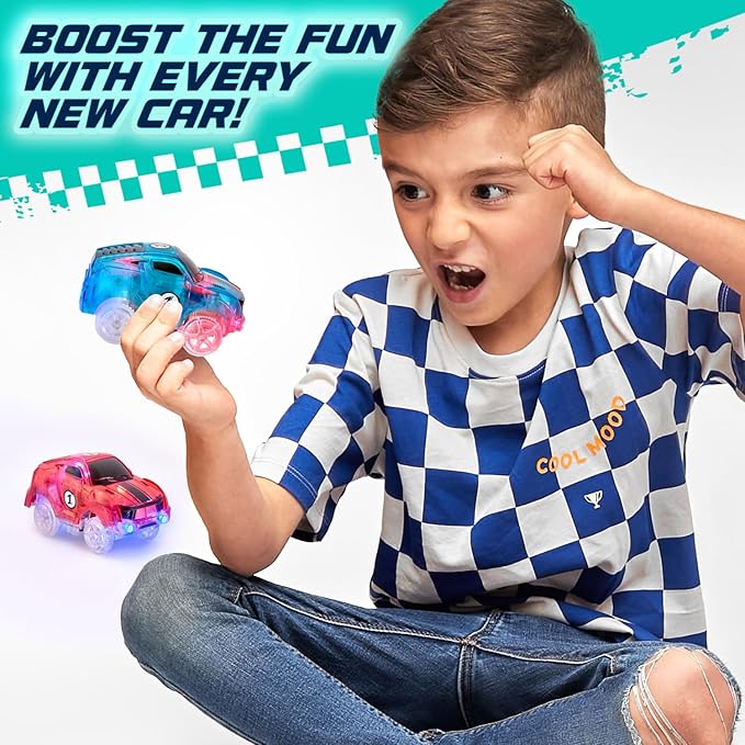JitteryGit Replacement Light Up Magic Cars For Glow Flex Tracks - Extra LED Car Accessories For Race Track & Glow In The Dark Trax - Compatible with Most Tracks For Kids Boys and Girls (2 Racers Pack)