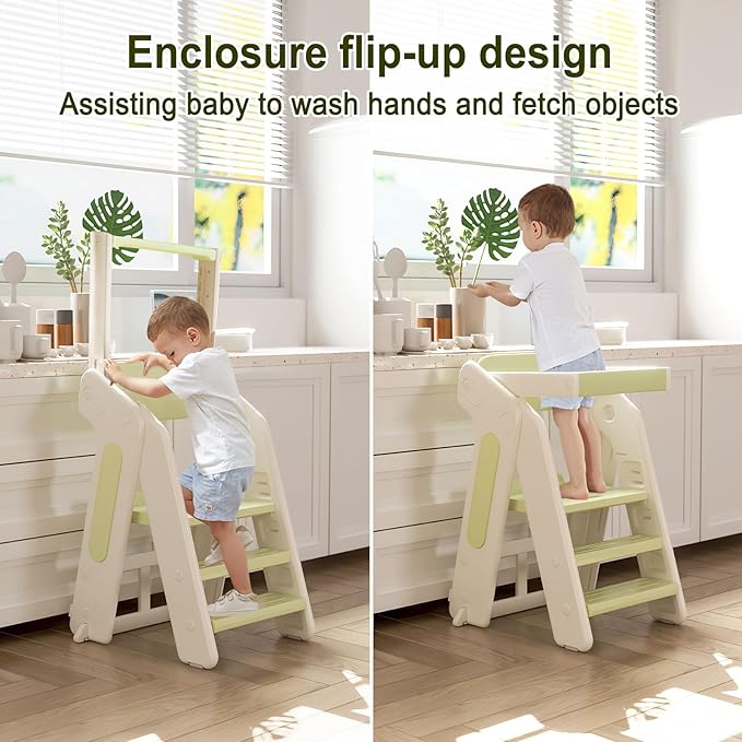 Toddler Tower Kitchen Stool Helper,Foldable/Adjustable Height Kids StandingTower Stool W/CPC Certification,for Kitchen Counter Bathroom Sink Cooking Child Ladder for Toddlers W/Safty Rail(Brown White)