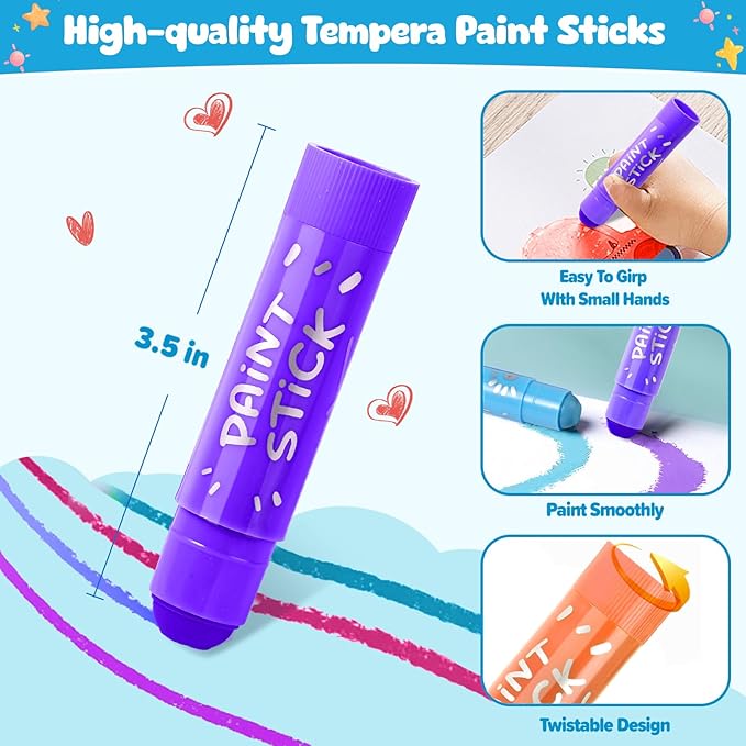 24 Colors Large Tempera Paint Sticks, Washable Paint Sticks for Toddlers, Ideal Kids Art and Craft Supplies for Painting and Coloring, Suitable for Paper, Canvas and Stone