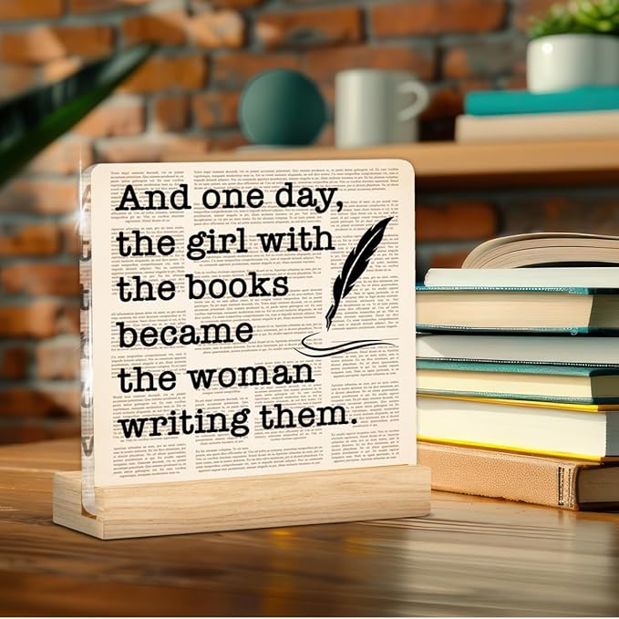 Writing Gifts for Women Girls, Funny Gifts for Writers Author Novelist Writing Lover, Retro Newspaper Acrylic Plaque Sign with Wooden Stand Home Office Decor