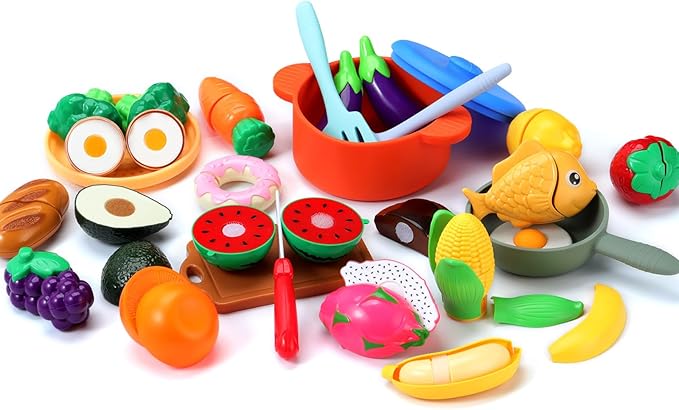 Play Kitchen Accessories, Silicone Pretend Play Kitchen Toys Set, Play Kitchen Pots and Pans Set for Kids, Learning Education Cooking Toys for Girls(Orange)