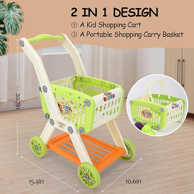 Kids Shopping Cart with Cutting Play Food Set for Kid Kitchen, 2 in 1 Shopping Cart for Kids Grocery Store Pretend Play Kitchen Accessories Sorting Food Bucket Learning Toys Gift for Toddler 3-5
