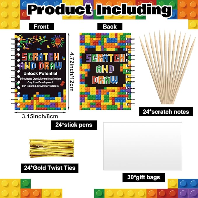 Pasimy 24 Set Scratch Art Party Favor Gifts for Kid Building Block Scratch Notebook Bulk Paper Craft for Girl Boy Classroom Prizes Goodie Bag Stuffer Christmas Birthday Party Favor