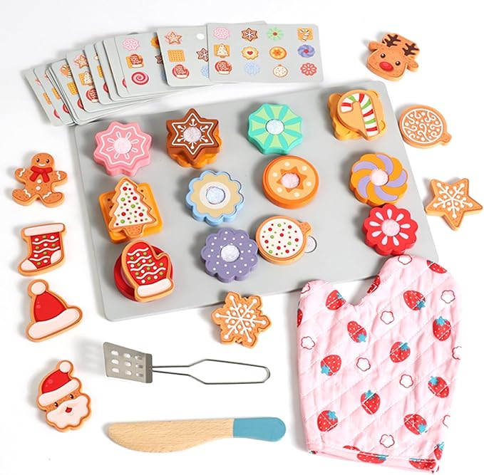 Slice and Bake Wooden Chrismas Cookie Play Food Set for Kids, Kitchen Toys Food Accessories for Toddlers, Pretend Play Baking Set for 3 4 5 Years Old Girls Boys Birthday Gifts