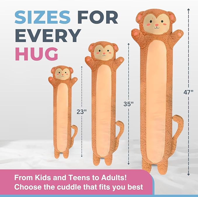 Monkey Plush Body Pillow for Kids | Long Stuffed Animal Cuddle Pillow | Soft Hugging Toy | Plushie Gift for Girls & Boys | Long Plush Body Pillow for Sleep & Comfort | Medium, 35 Inches