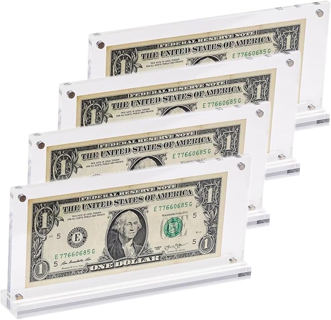 IEEK Acrylic Dollar Bill Display Case Dollar Frame Clear Paper Money Holders Currency Ticket Protector Paper Money Frame for Bill Collectors,7.3 x 3.5 Inch,4 Pack